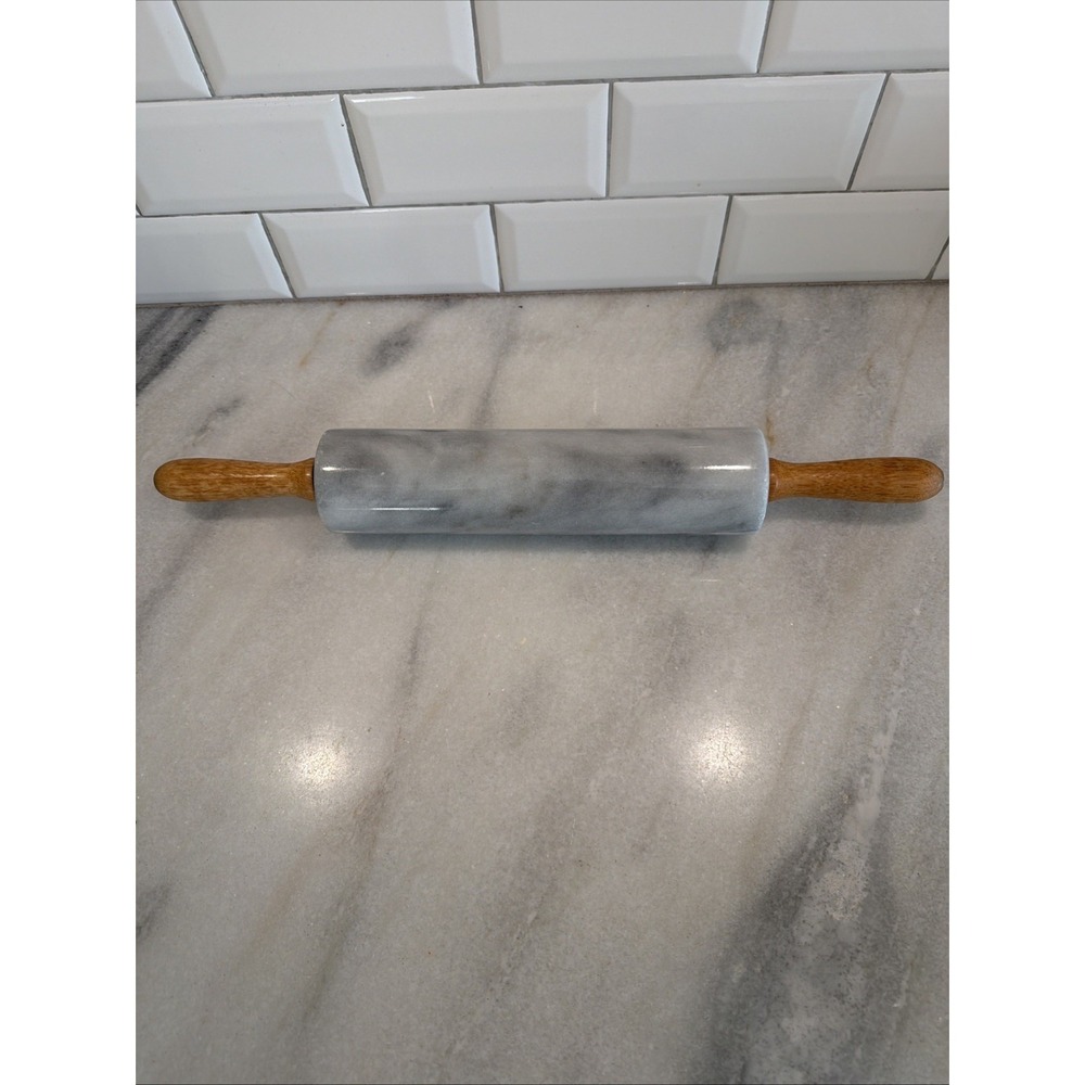 Vintage 18" Long Marble Rolling Pin With Wood Handle White Gray